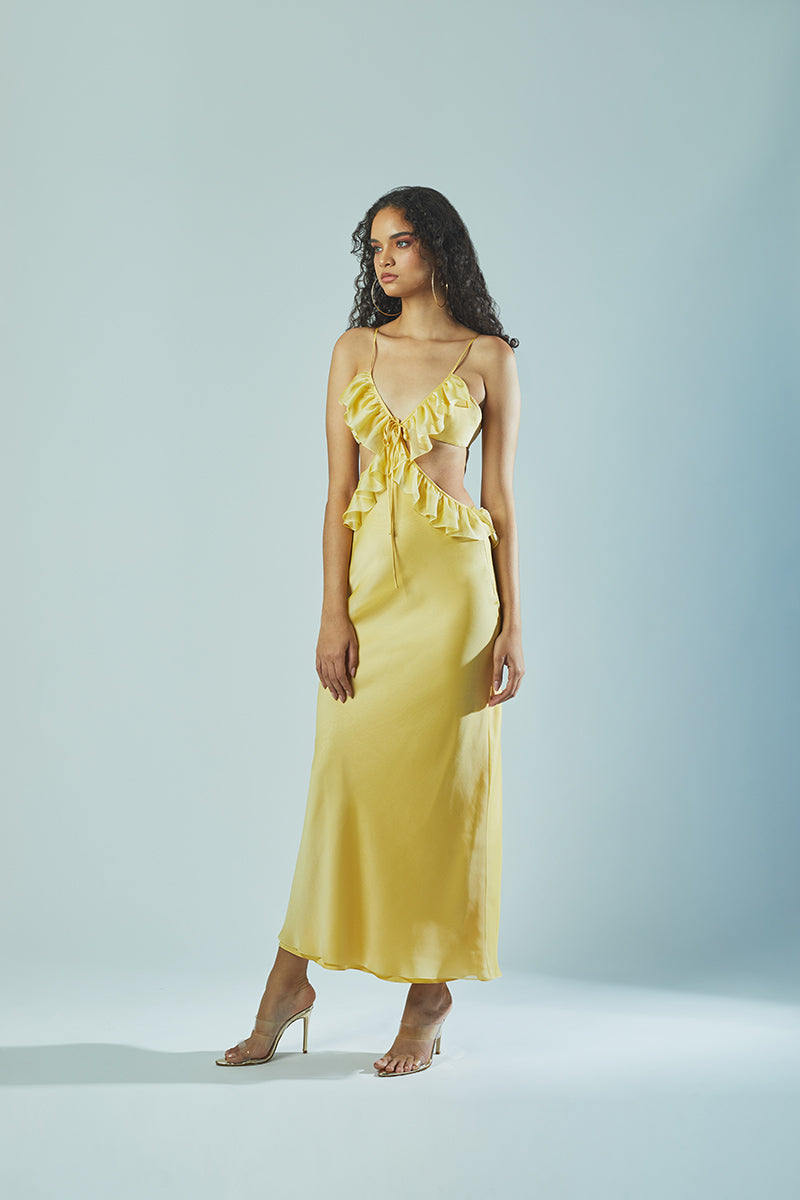 RUFFLE MAXI SLIP DRESS IN YELLOW - CULT MIA
