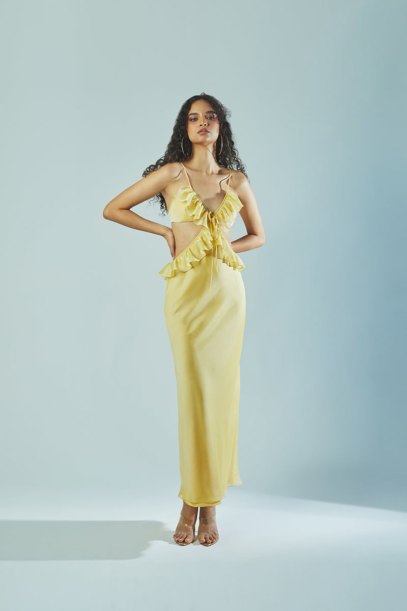 RUFFLE MAXI SLIP DRESS IN YELLOW - CULT MIA