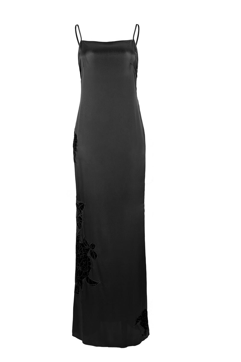 CAMELLIA SILK SLIP LONG DRESS IN BLACK - CULT MIA