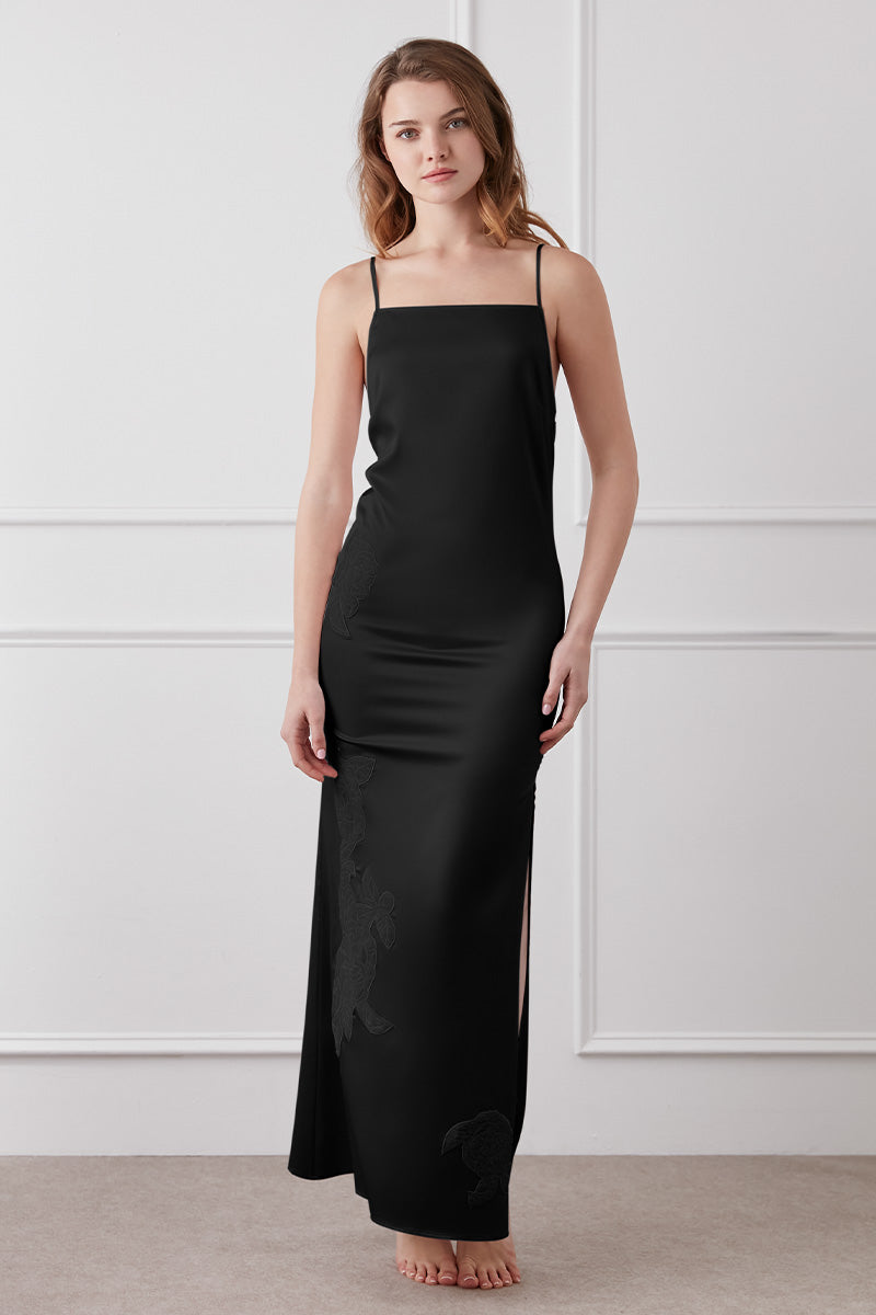 CAMELLIA SILK SLIP LONG DRESS IN BLACK - CULT MIA