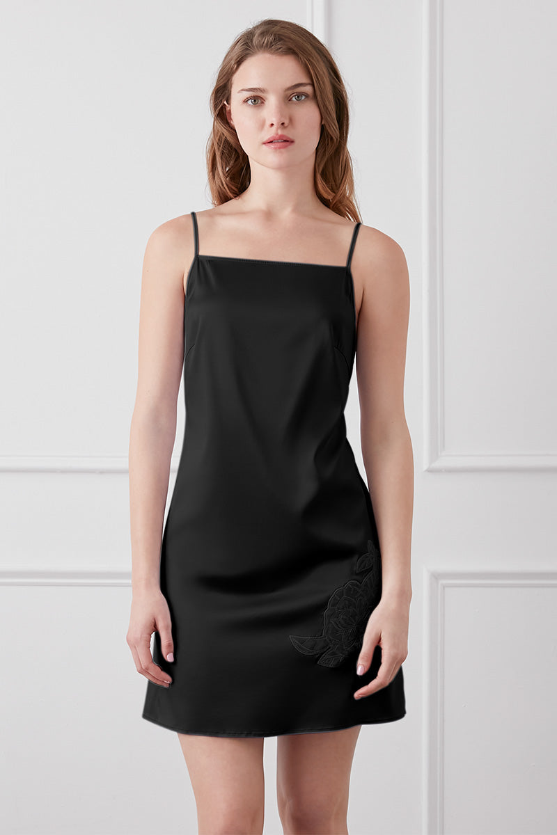 CAMELLIA SILK SLIP SHORT DRESS IN BLACK - CULT MIA