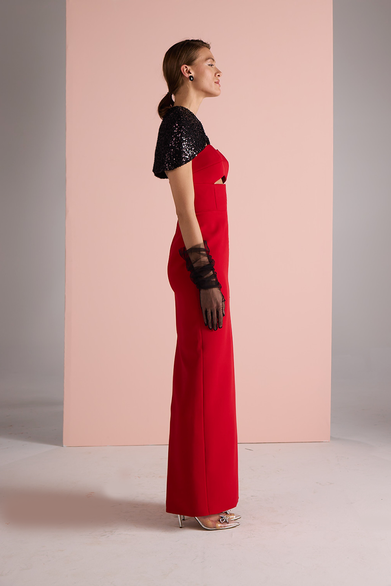 STRAPLESS TUBE DRESS WITH CAPE IN RED - CULT MIA