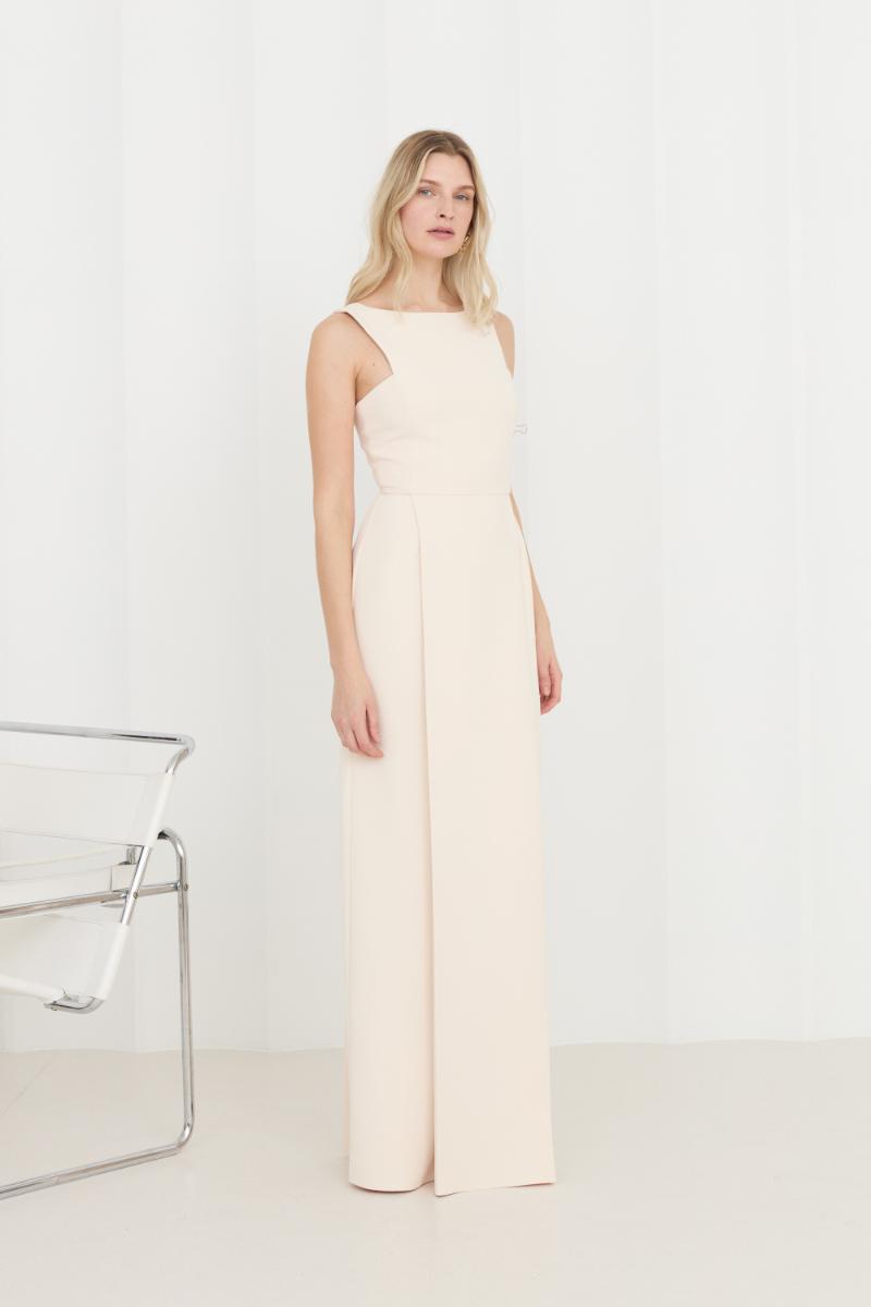 SONORA PASTEL CREAM LONG DRESS WITH PLEATED PENCIL SKIRT - CULT MIA
