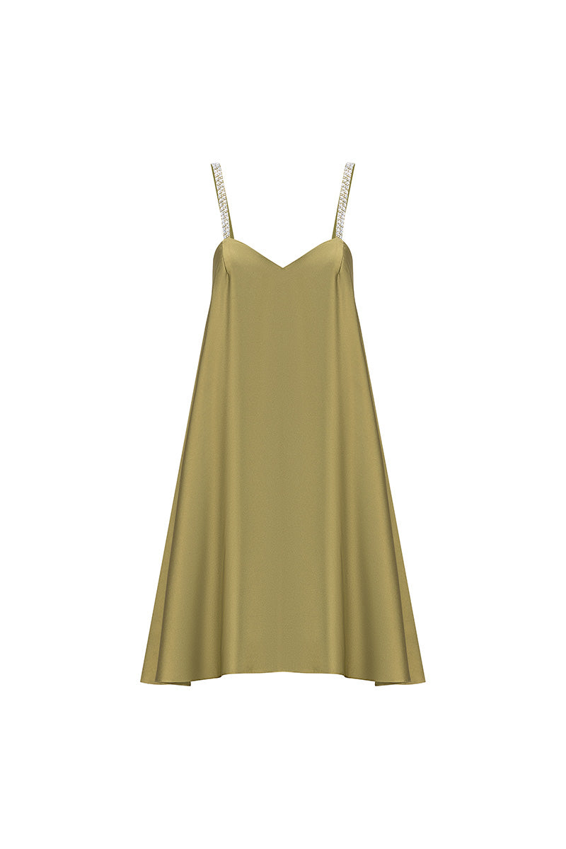 SATIN A-LINE MINI DRESS IN OLIVE GREEN | CULT MIA | Lili Blanc SATIN A-LINE MINI DRESS IN OLIVE GREEN | CULT MIA | Lili Blanc