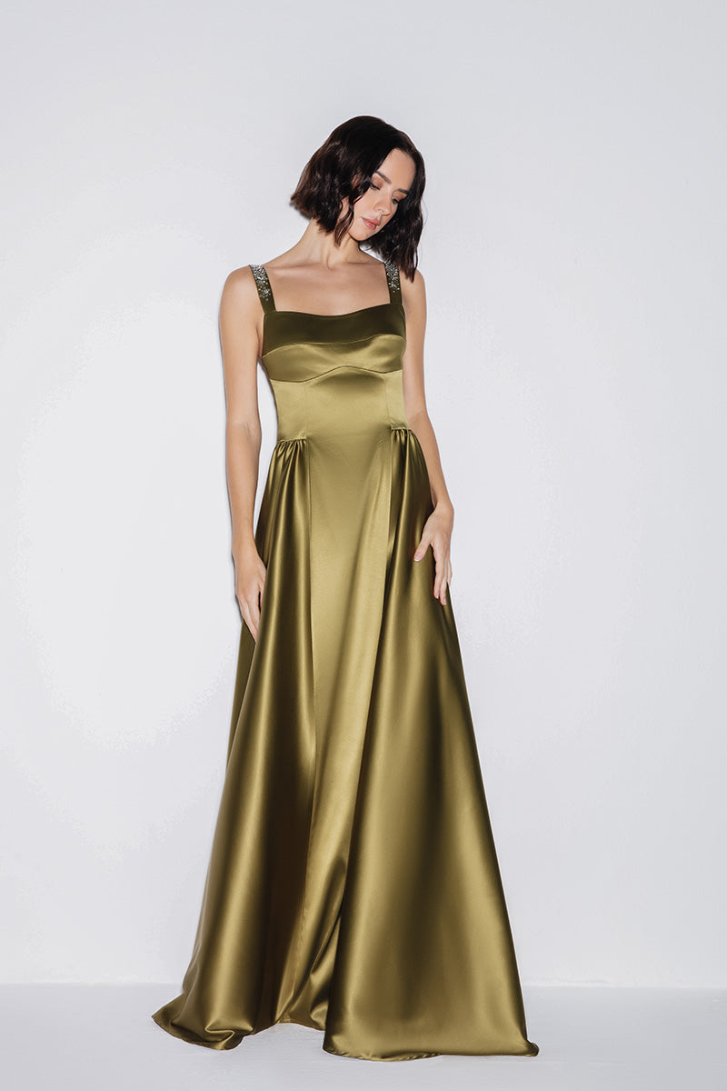 SATIN GOWN IN OLIVE GREEN - CULT MIA