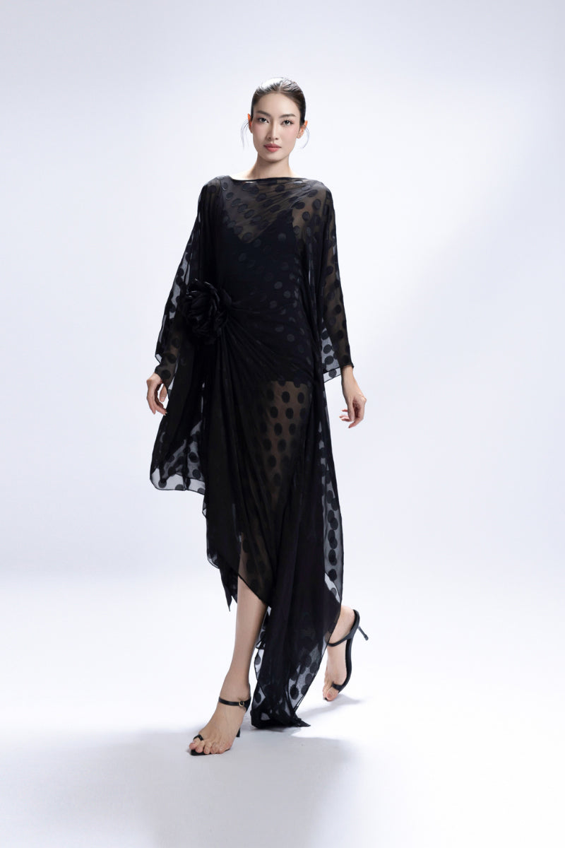 SEMI-SHEER LONG KAFTAN IN BLACK - CULT MIA