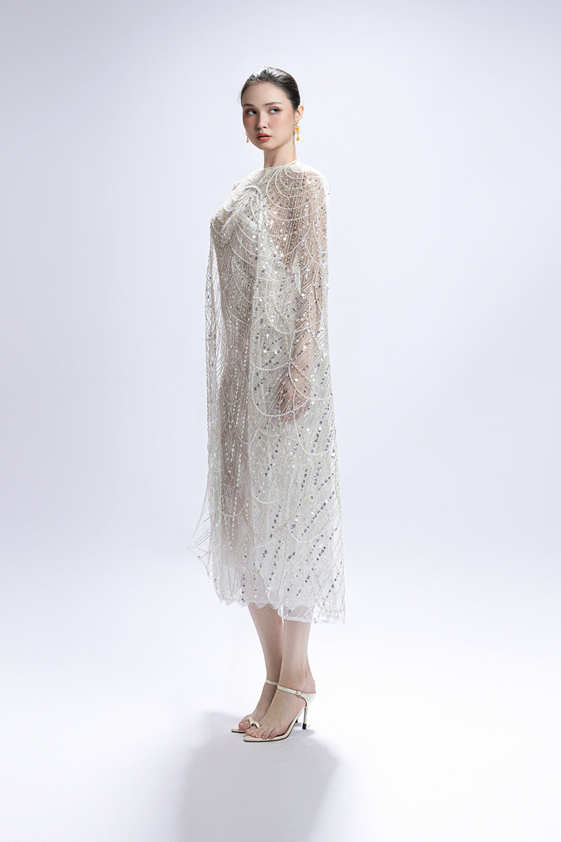 SEQUIN MIDI CAPE DRESS IN WHITE - CULT MIA