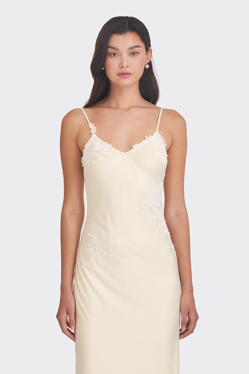 SIGNATURE V NECK LACE MAXI DRESS IN LIGHT YELLOW - CULT MIA