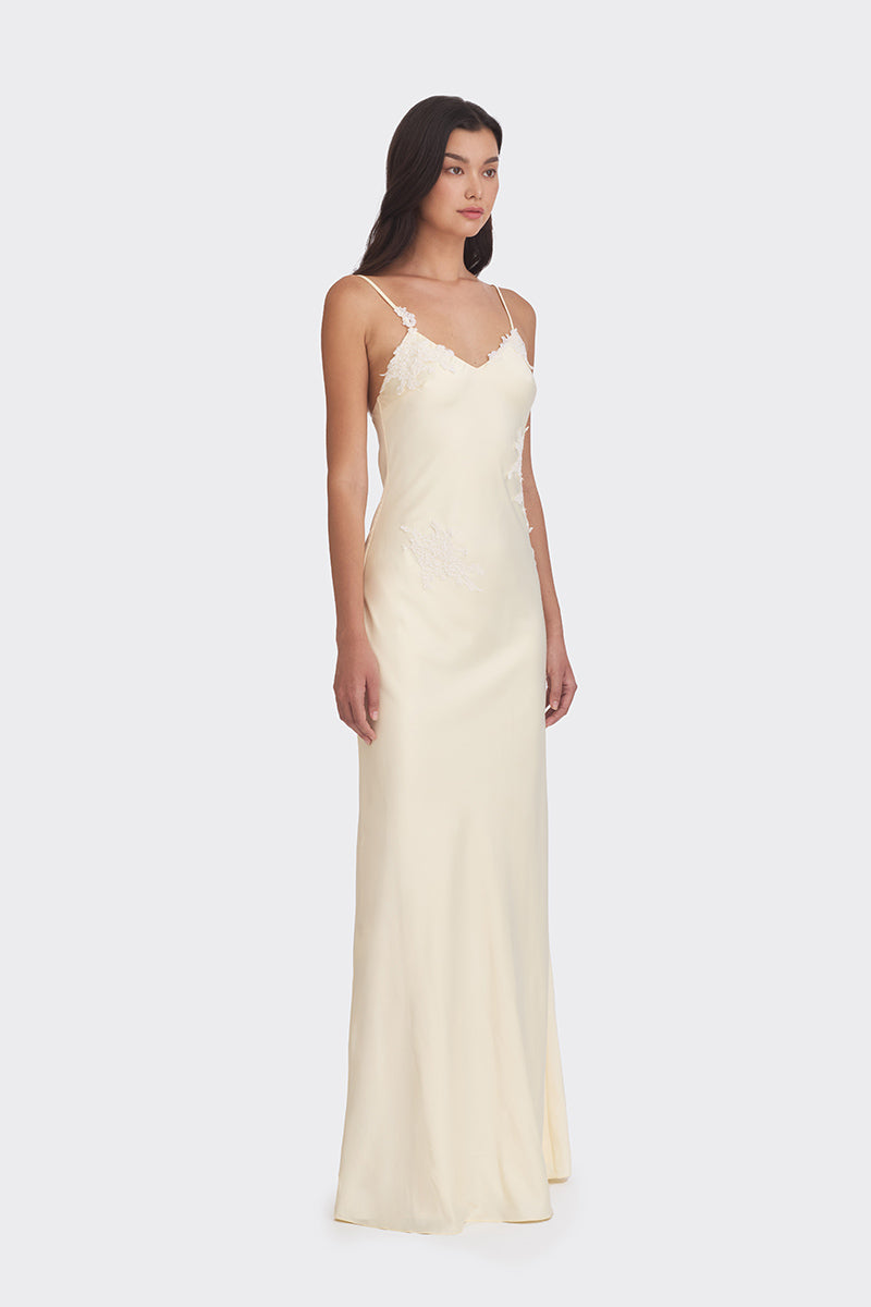 SIGNATURE V NECK LACE MAXI DRESS IN LIGHT YELLOW - CULT MIA