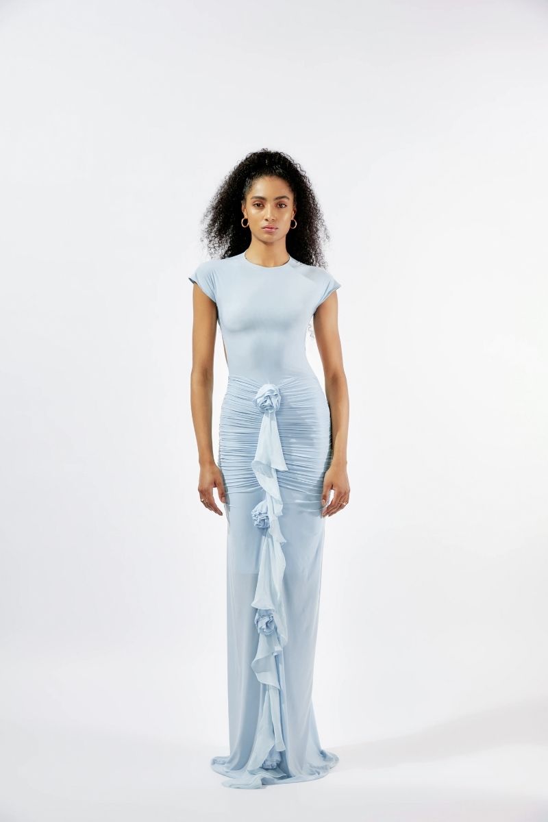 SKYE BABY BLUE FITTED BACKLESS MAXI DRESS - CULT MIA
