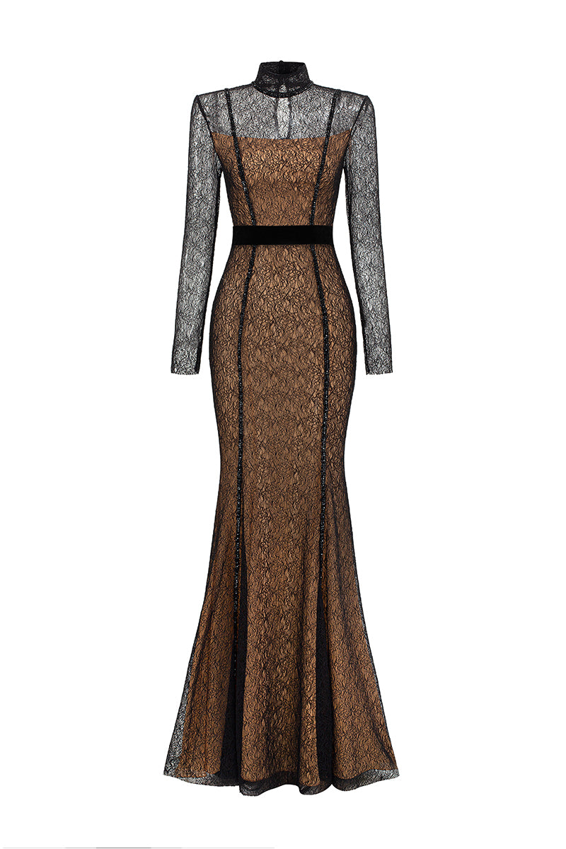 VINE GUIPURE LACE AND LYON VELVET BLACK GOWN | CULT MIA | I.H.F VINE GUIPURE LACE AND LYON VELVET BLACK GOWN | CULT MIA | I.H.F