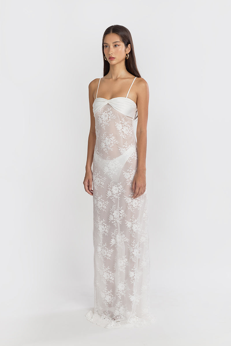 LACE SWAN SLIP MAXI DRESS IN WHITE - CULT MIA