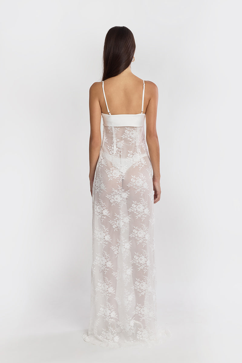 LACE SWAN SLIP MAXI DRESS IN WHITE - CULT MIA