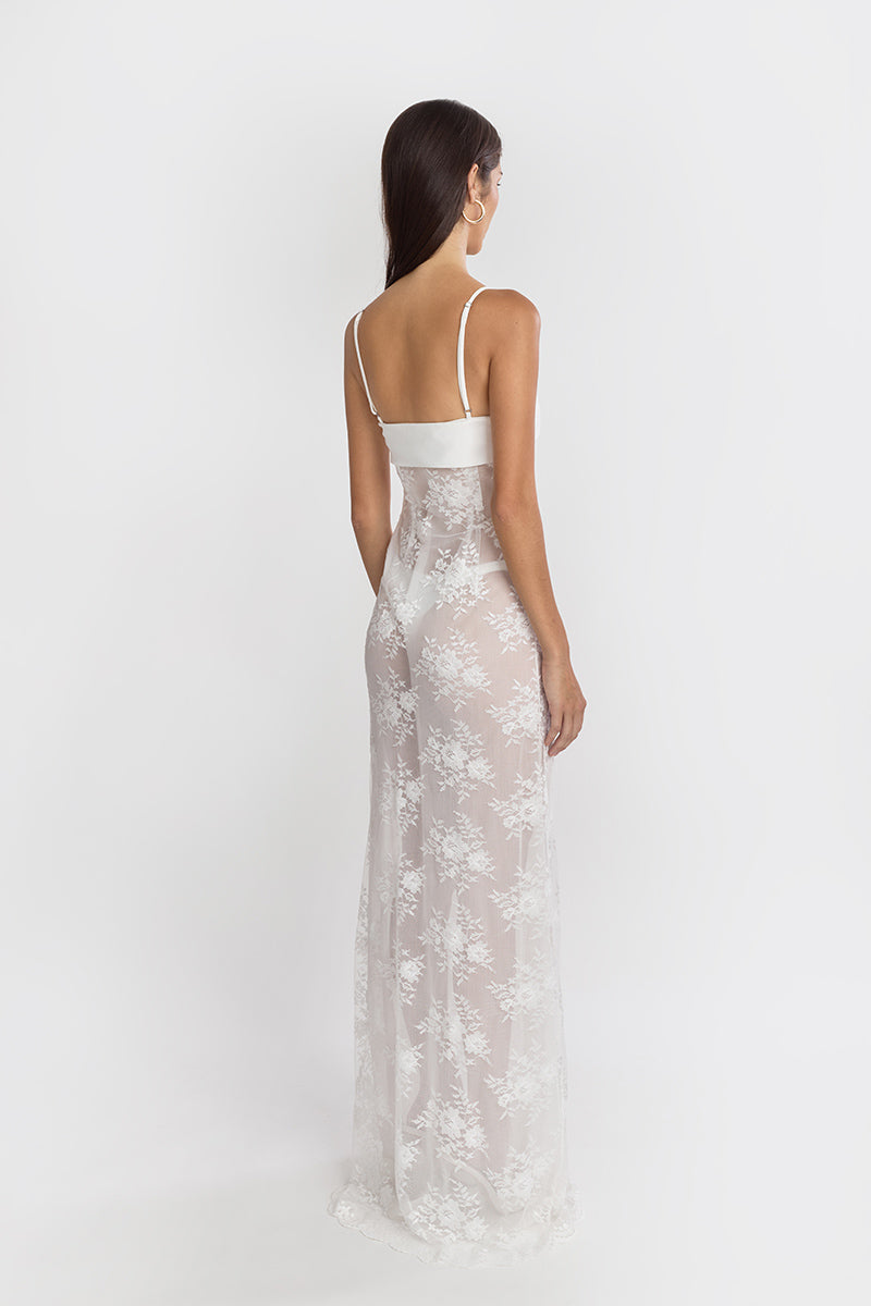 LACE SWAN SLIP MAXI DRESS IN WHITE - CULT MIA