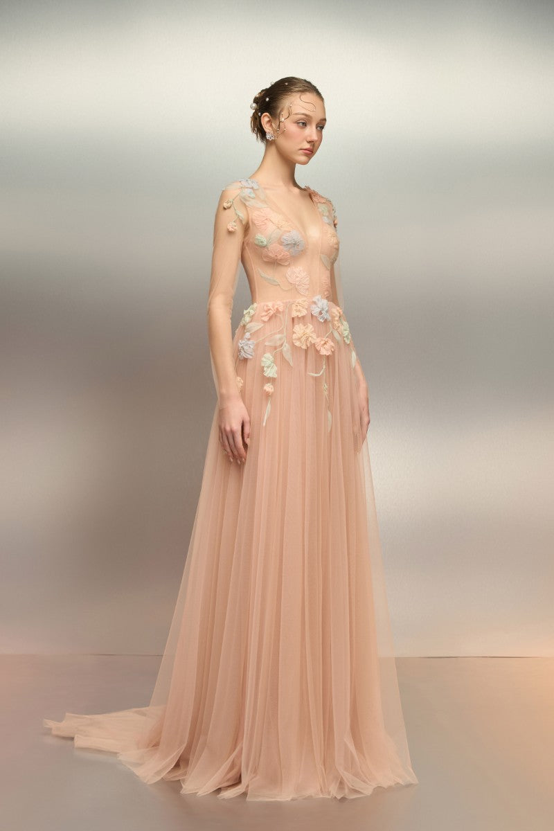 QABAR TULLE FLOWER DRESS IN PEACH - CULT MIA