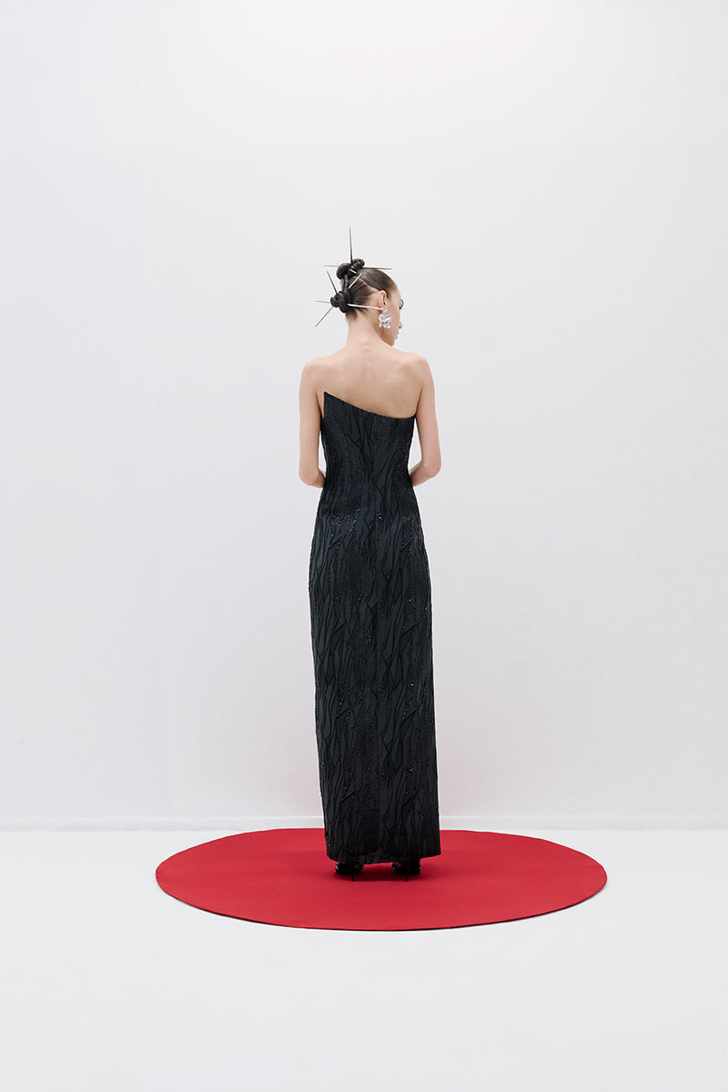ASYMMETRIC BROCADE DRESS IN BLACK - CULT MIA