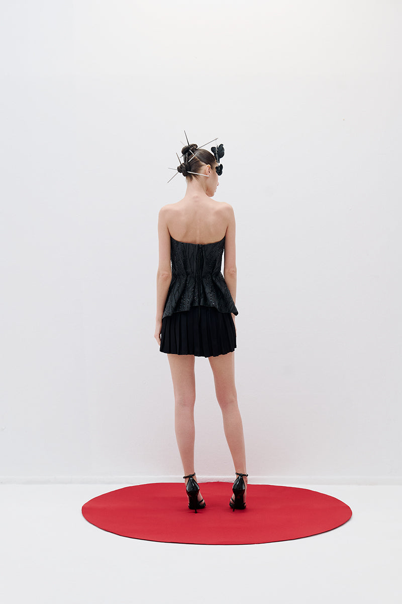 BROCADE MINI DRESS WITH DRAPE IN BLACK - CULT MIA