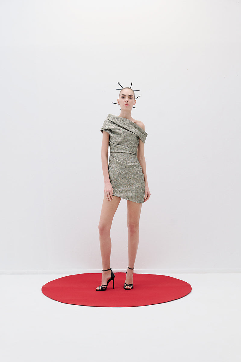 ONE OFF SHOULDER MINI DRESS IN SILVER - CULT MIA