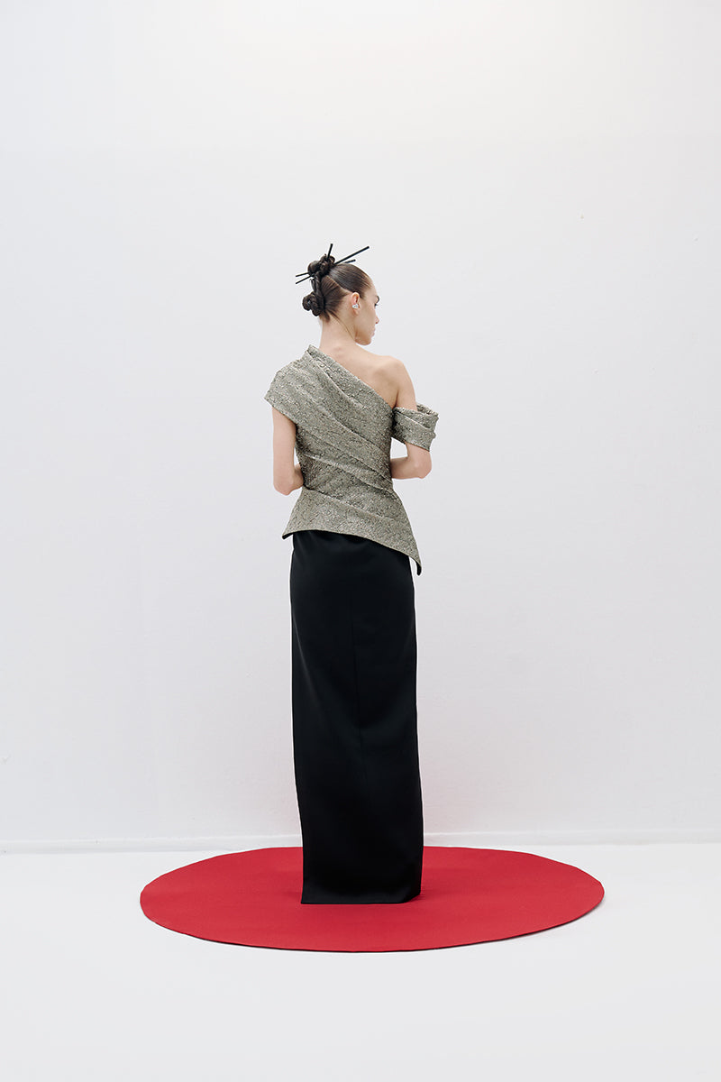 ASYMMETRIC LONG DRESS IN BLACK CREAM - CULT MIA