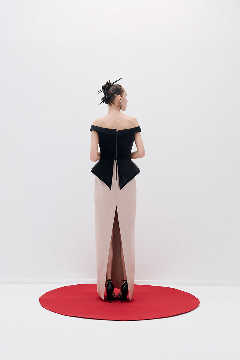 VELVET SATIN BATEAU DRESS IN BLACK NUDE - CULT MIA