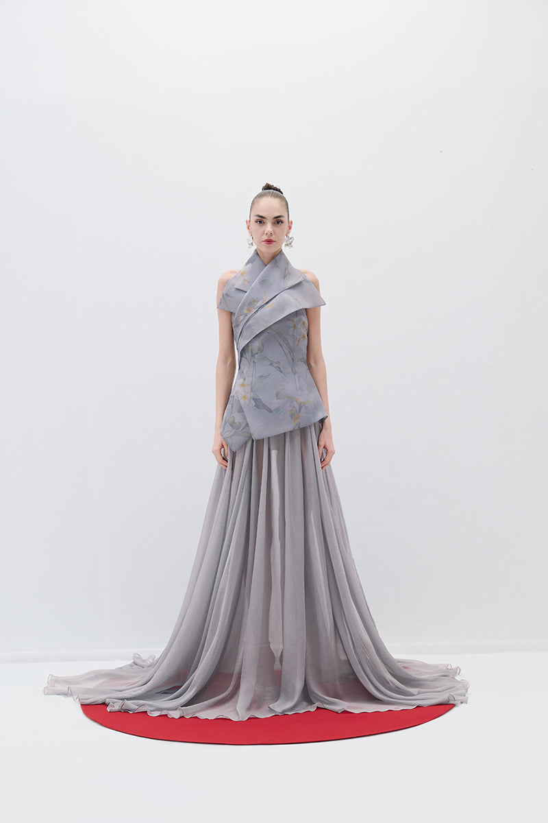ASYMMETRIC CHIFFON DRESS IN GRAY - CULT MIA