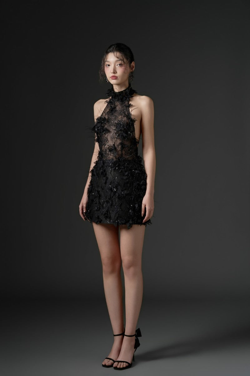 ASAD LACE FLOWER AND FEATHER DRESS IN BLACK - CULT MIA