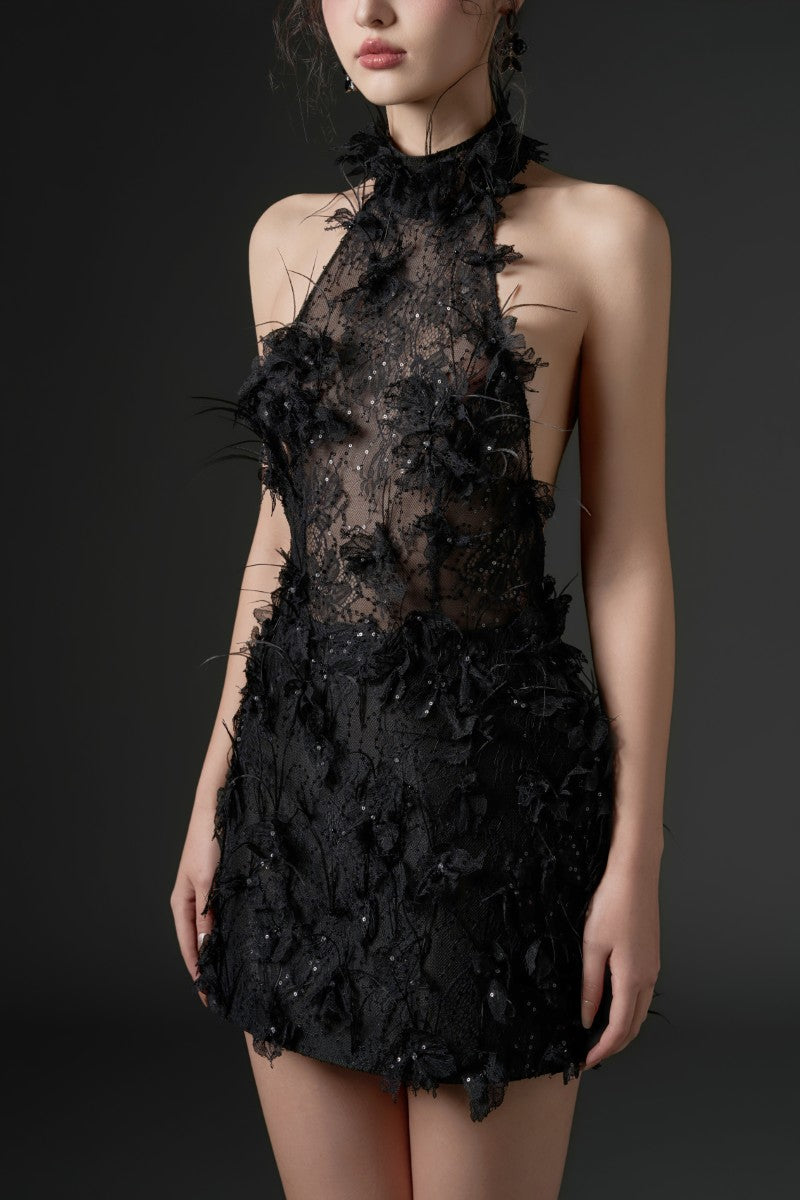 ASAD LACE FLOWER AND FEATHER DRESS IN BLACK - CULT MIA