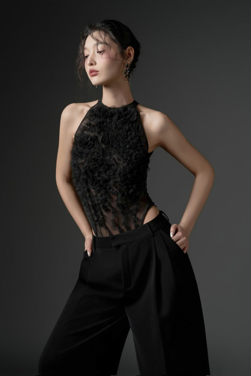 JAMBARI TULLE RUFFLES TOP & MAJMAT CREPE STRAIGHT PANTS IN BLACK - CULT MIA