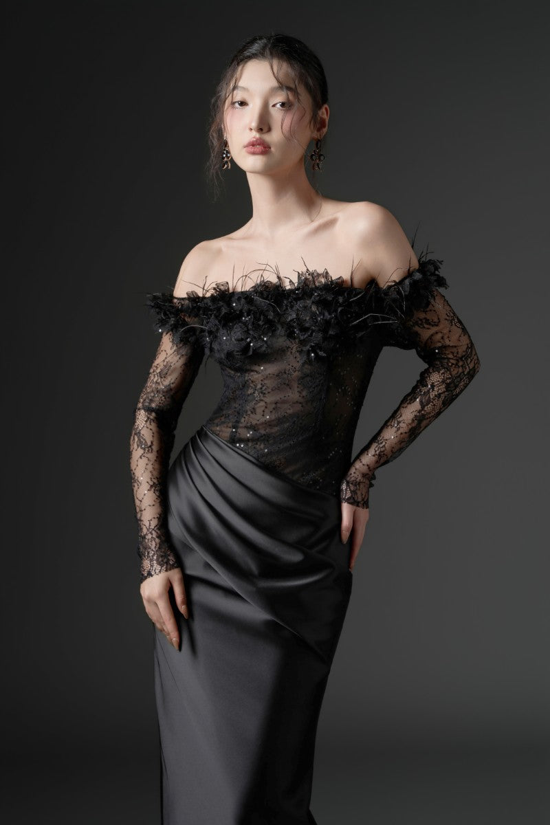 NAMLA LACE AND SILK SATIN DRESS IN BLACK - CULT MIA