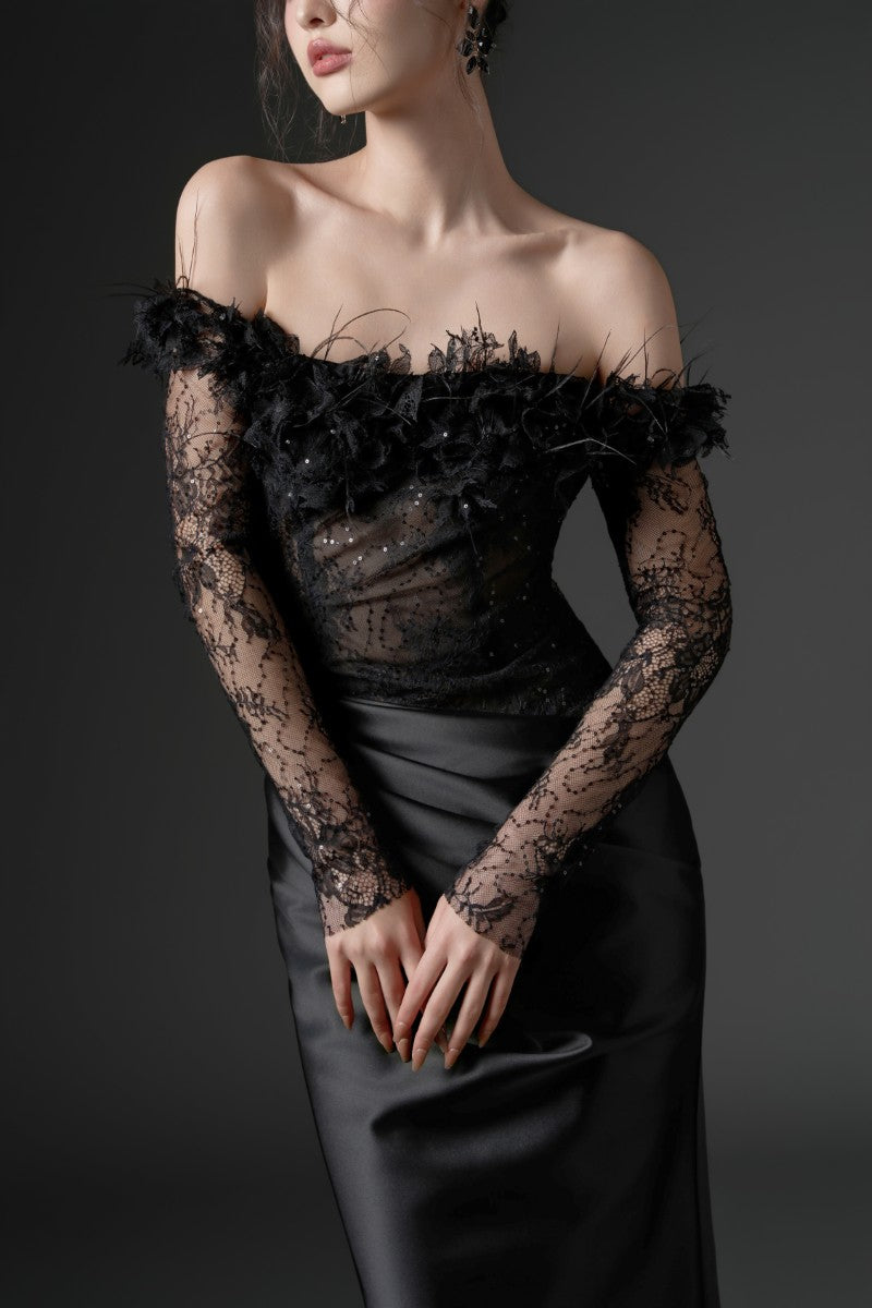 NAMLA LACE AND SILK SATIN DRESS IN BLACK - CULT MIA