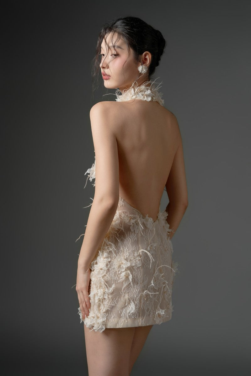 ASAD LACE FLOWER AND FEATHER DRESS IN BEIGE - CULT MIA