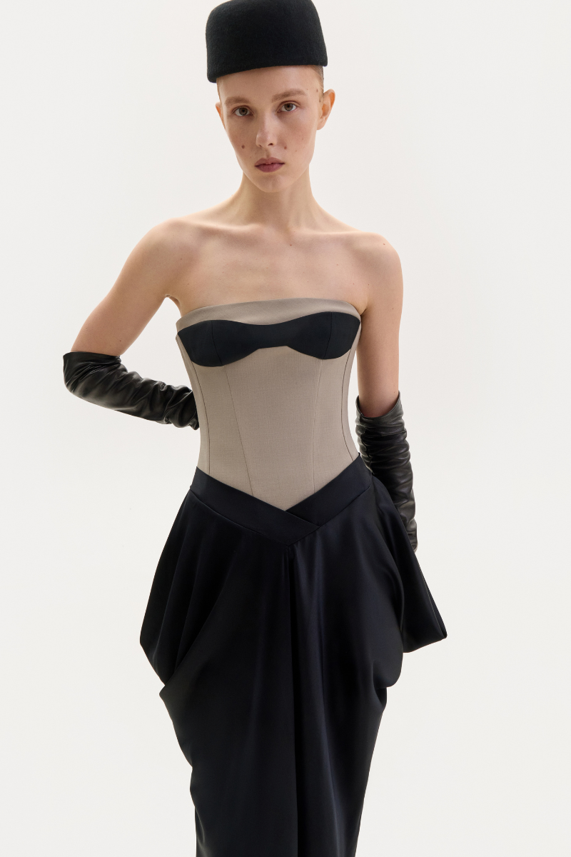 TAUPE CORSET DRESS WITH A SILK SKIRT - CULT MIA