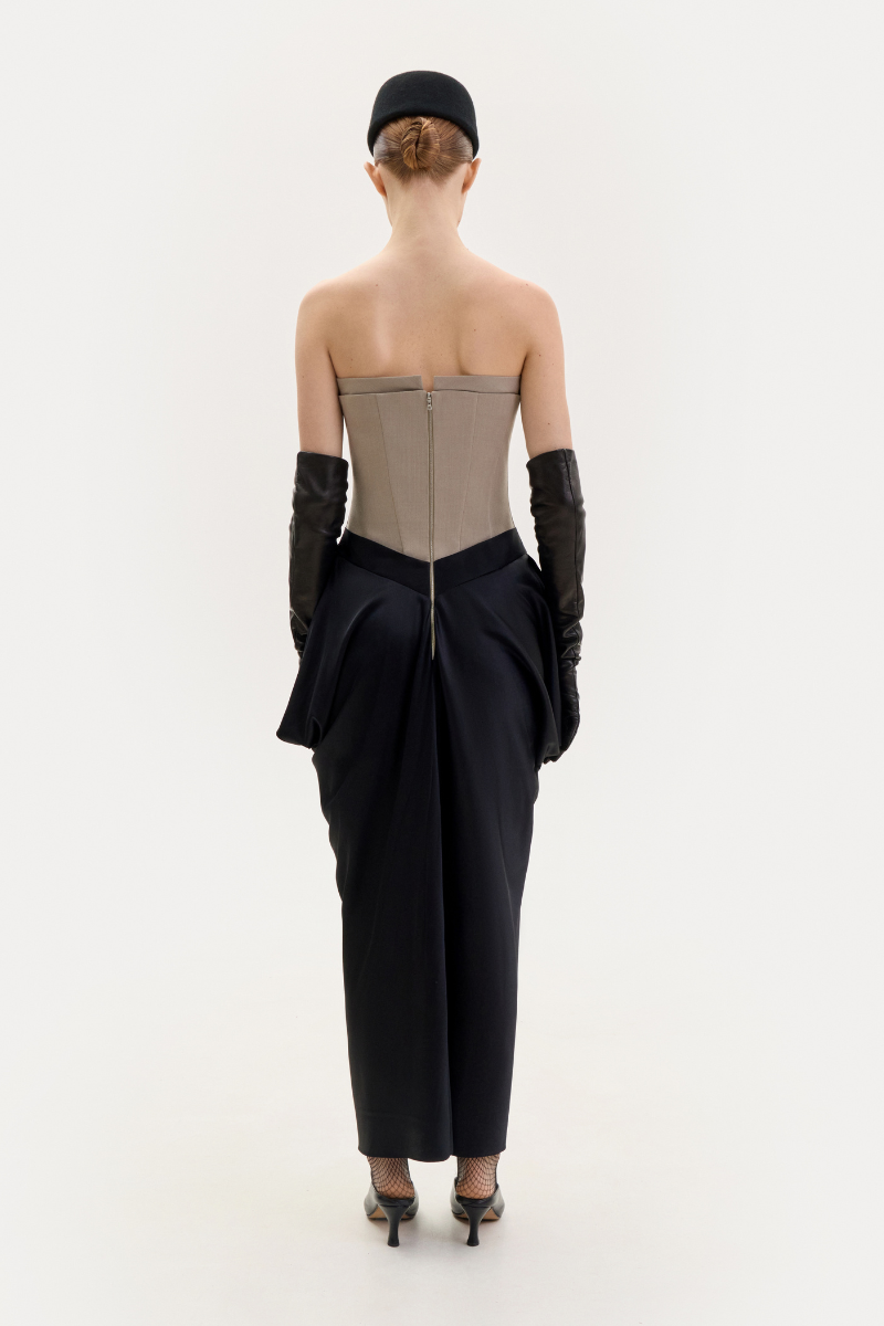 TAUPE CORSET DRESS WITH A SILK SKIRT - CULT MIA