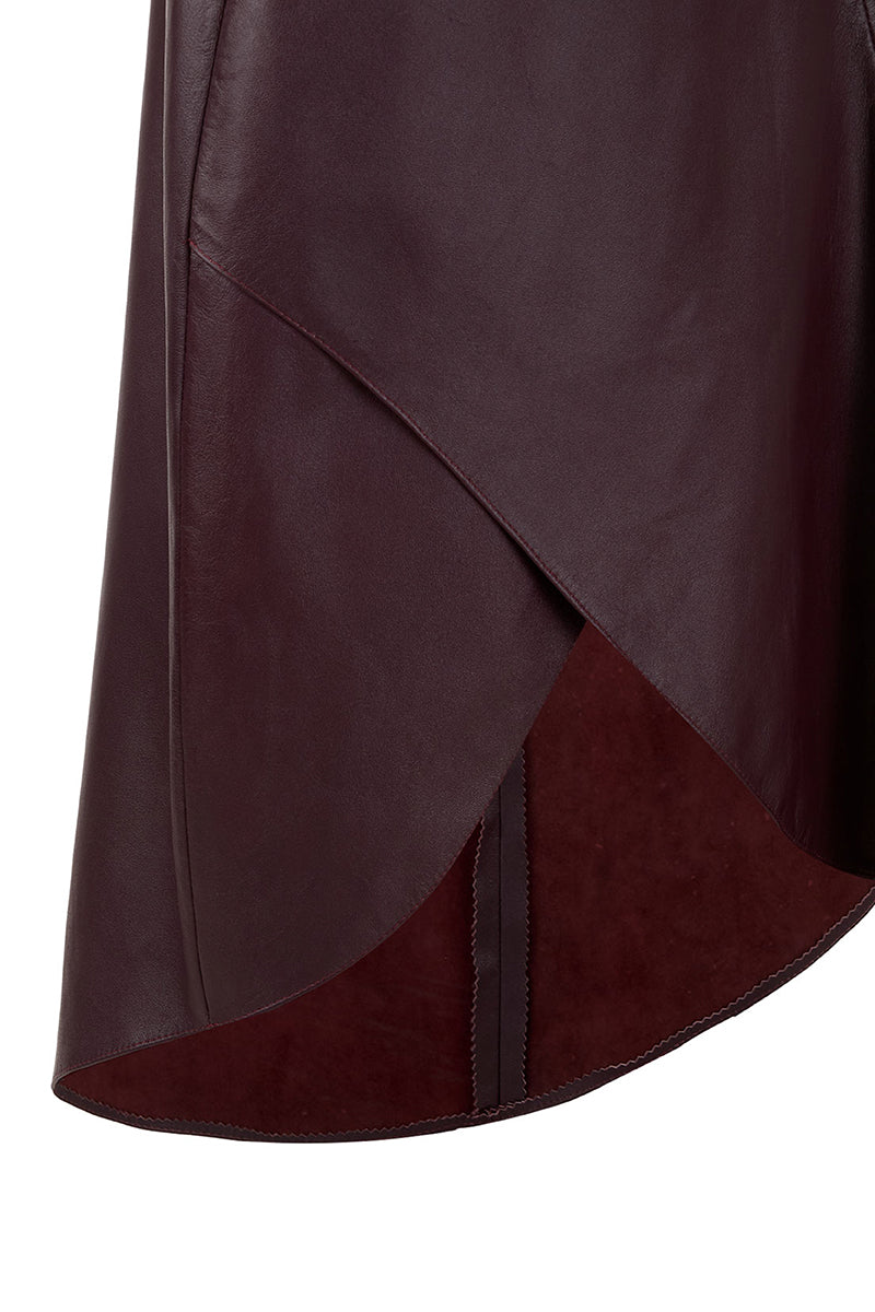 TUBE PETAL LEATHER SKIRT IN WINE RED - CULT MIA