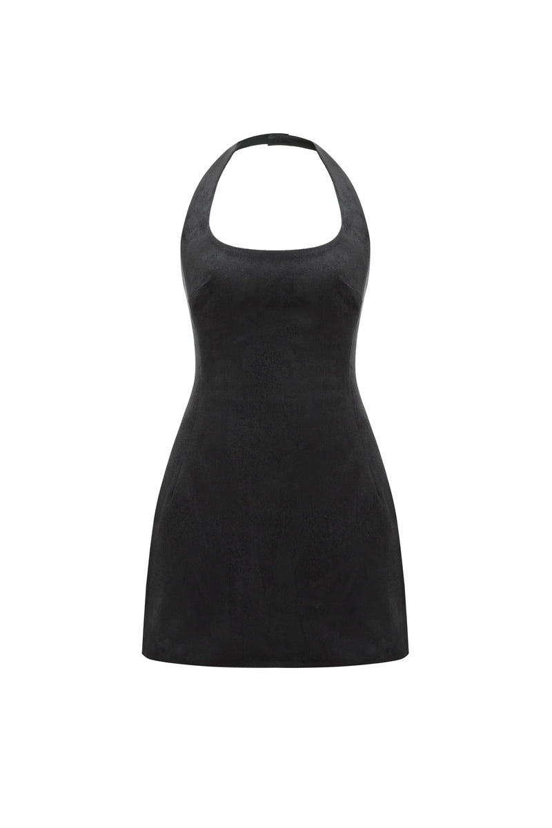 TWO SIDED HALTERNECK LEATHER MINI DRESS IN BLACK - CULT MIA