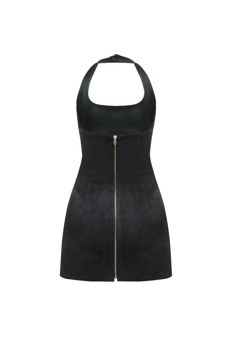 TWO SIDED HALTERNECK LEATHER MINI DRESS IN BLACK - CULT MIA