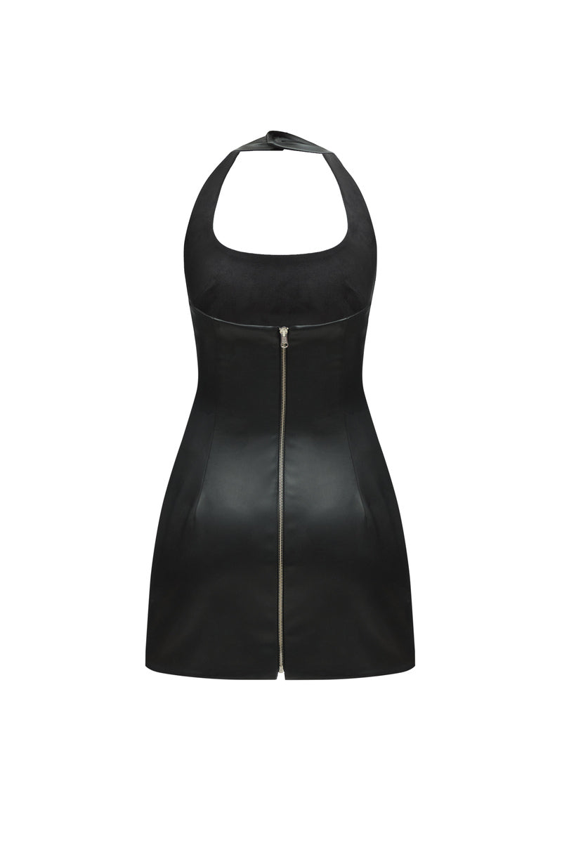 TWO SIDED HALTERNECK LEATHER MINI DRESS IN BLACK - CULT MIA