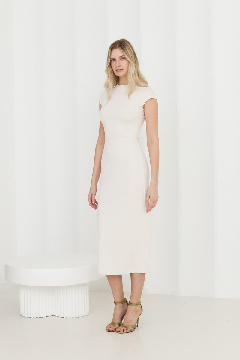 ASTER OFF-WHITE JERSEY MIDI DRESS WITH CAP SLEEVES - CULT MIA