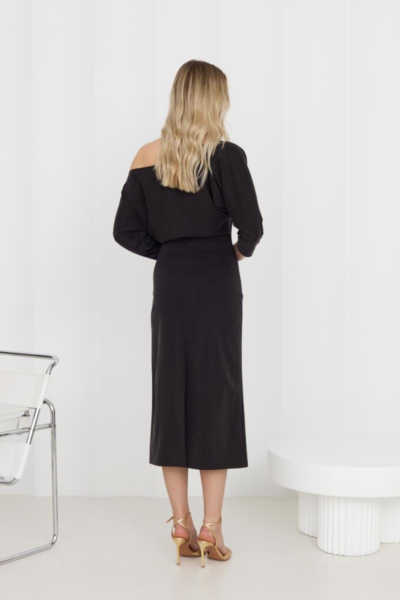 THEA BLACK OFF-SHOULDER JERSEY MIDI DRESS - CULT MIA