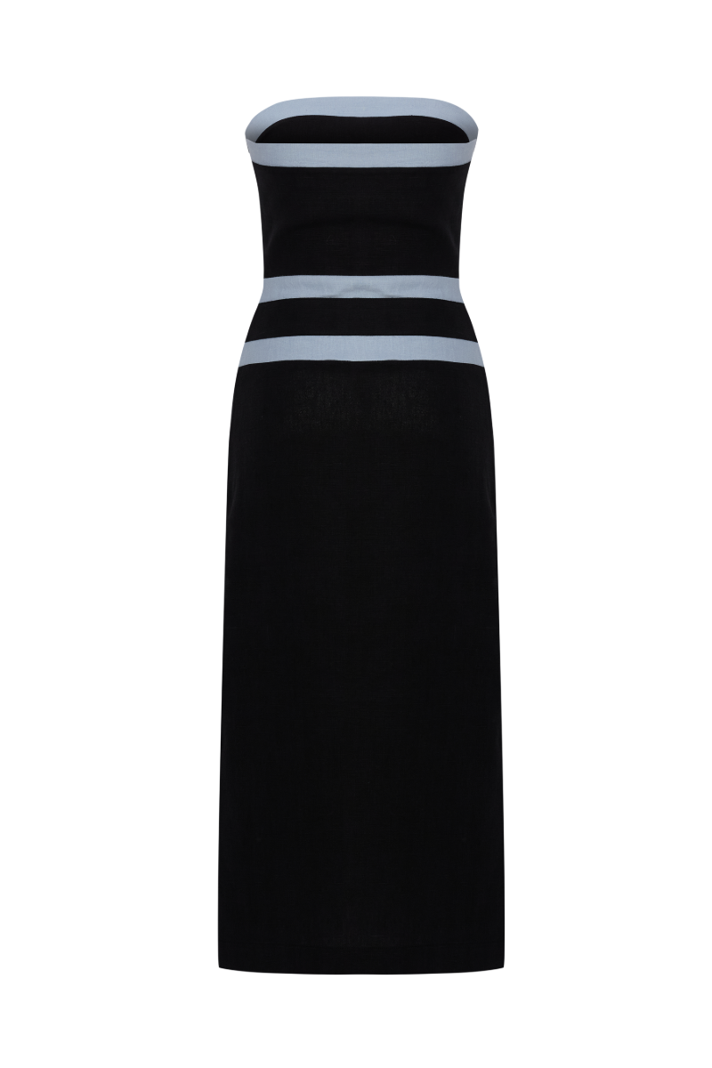 ELENA STRAPLESS BLACK LINEN TAPE DRESS - CULT MIA