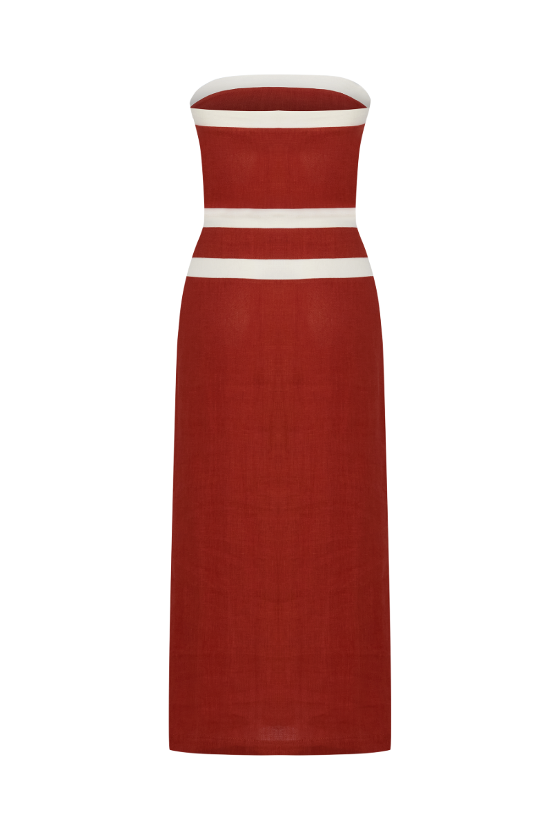 ELENA STRAPLESS TERRACOTTA LINEN TAPE DRESS - CULT MIA