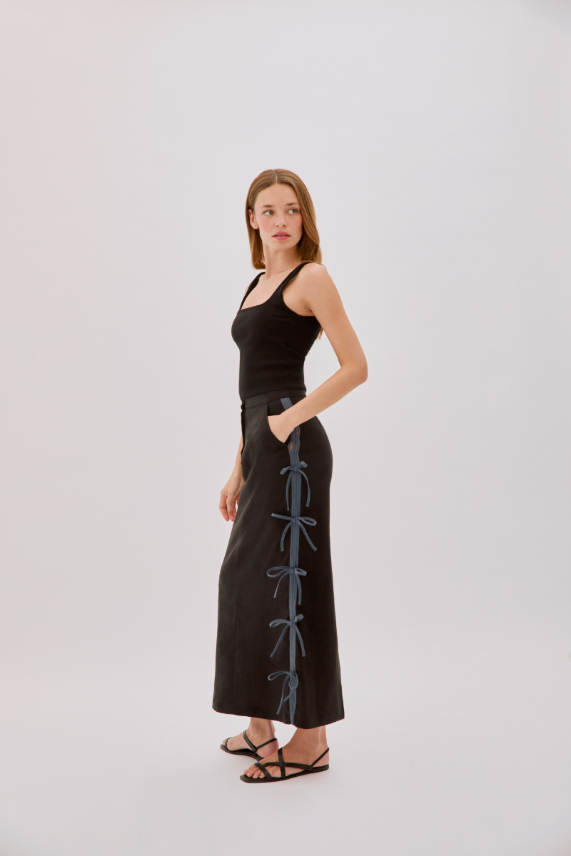 CAROLINA BLACK LINEN BOW MIDI SKIRT - CULT MIA