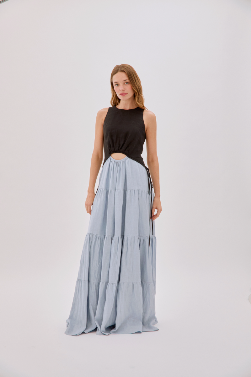 TAMSIN LINEN BLACK AND DUSTY BLUE SPLIT MAXI DRESS - CULT MIA