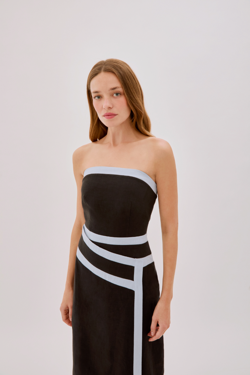 ELENA STRAPLESS BLACK LINEN TAPE DRESS - CULT MIA