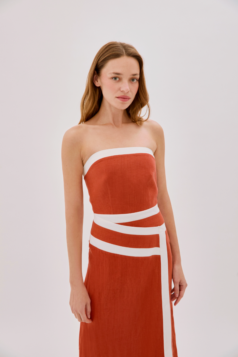 ELENA STRAPLESS TERRACOTTA LINEN TAPE DRESS - CULT MIA