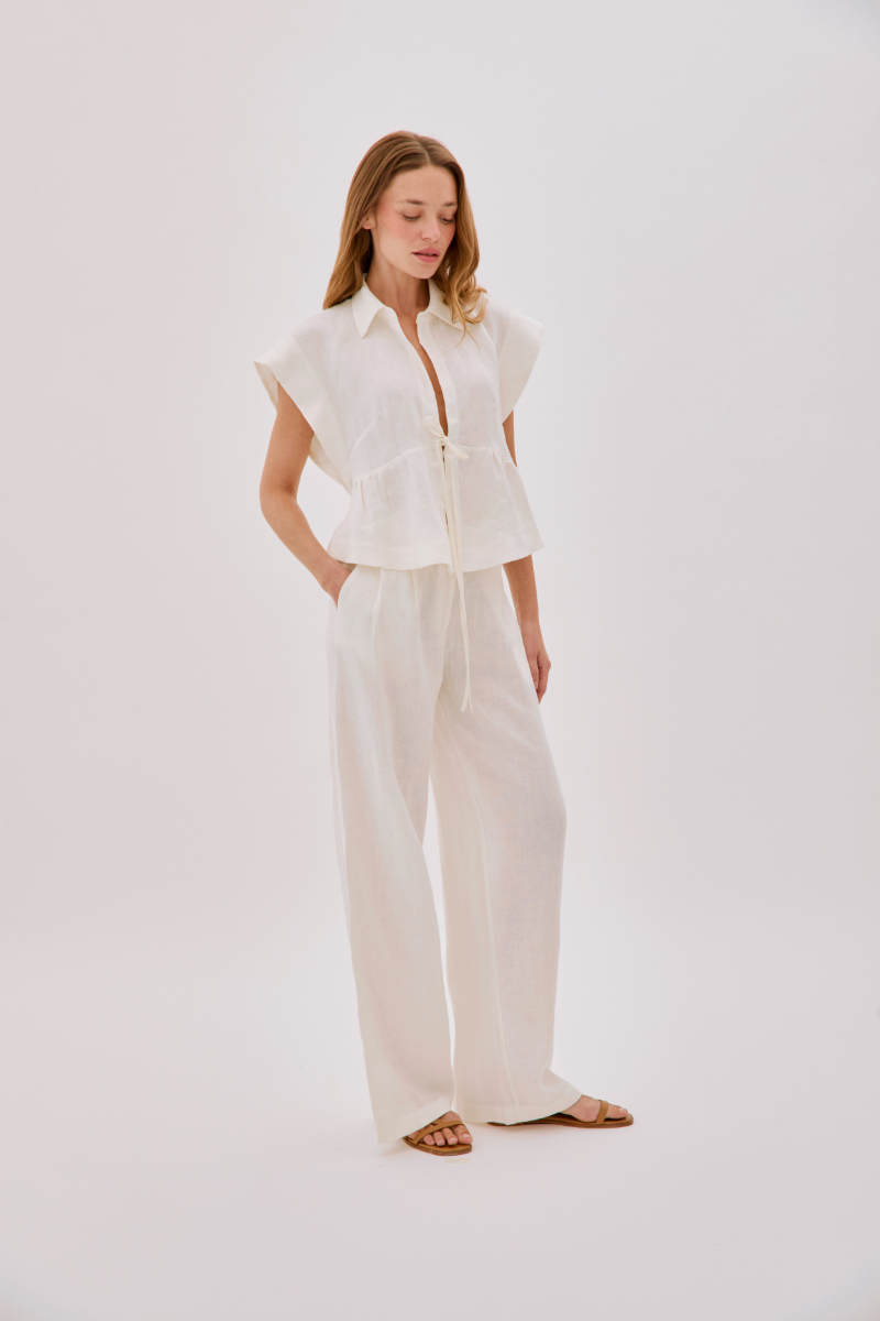 GALIA ECRU LINEN TIE SHORT SLEEVE SHIRT - CULT MIA