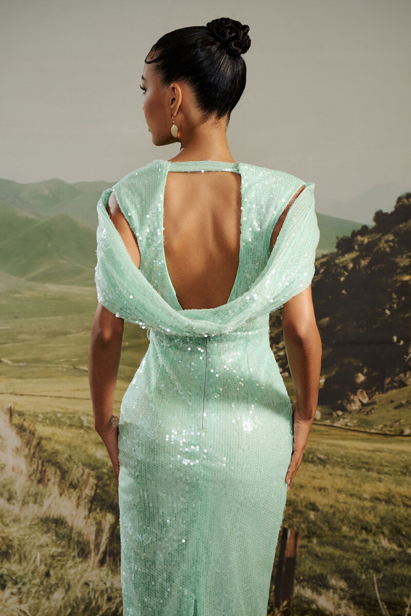LUNA SEQUIN CAPE-SLEEVE DRESS - CULT MIA