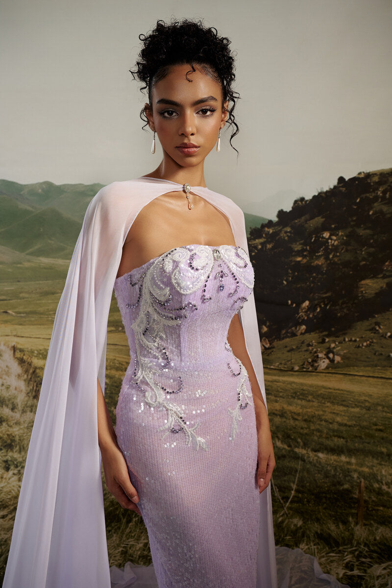 OPHELIA STRAPLESS SEQUIN GOWN WITH CAPE - CULT MIA
