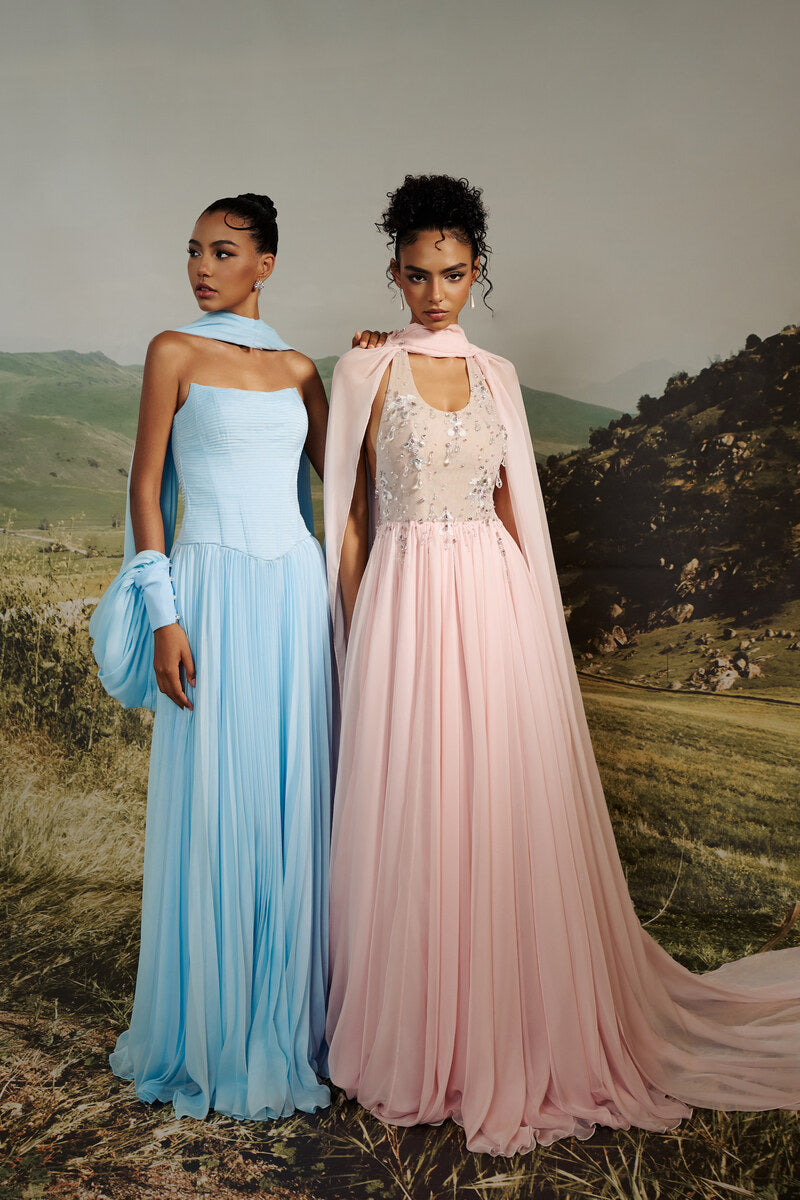 AURELIA PLEATED CHIFFON GOWN WITH CAPE - CULT MIA