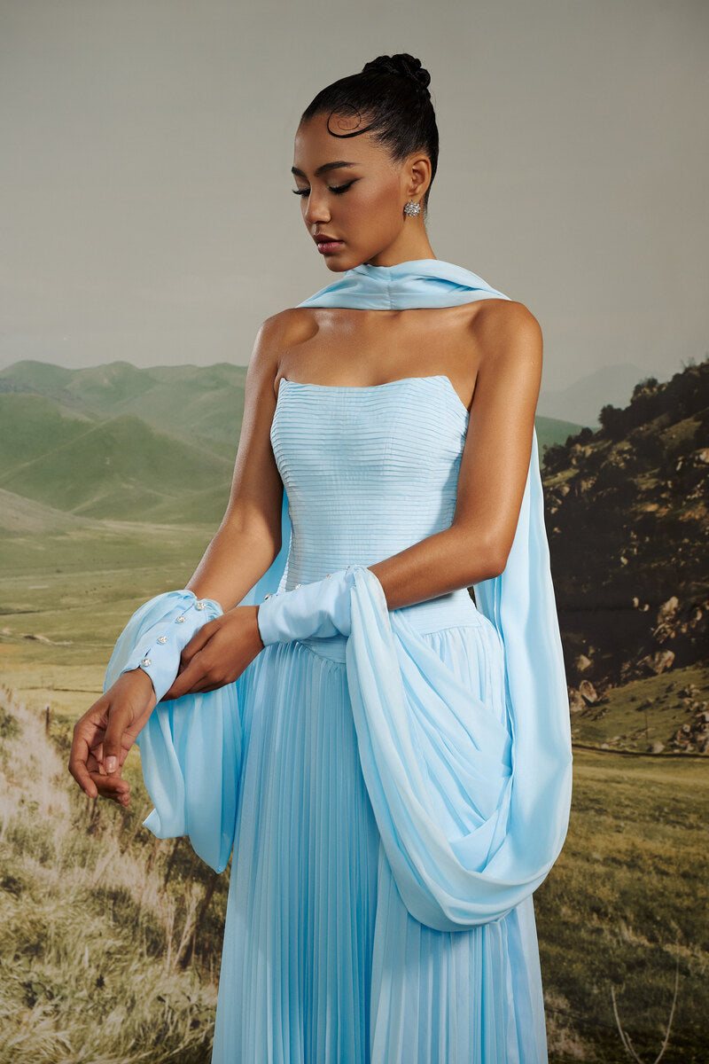 AURELIA PLEATED CHIFFON GOWN WITH CAPE - CULT MIA
